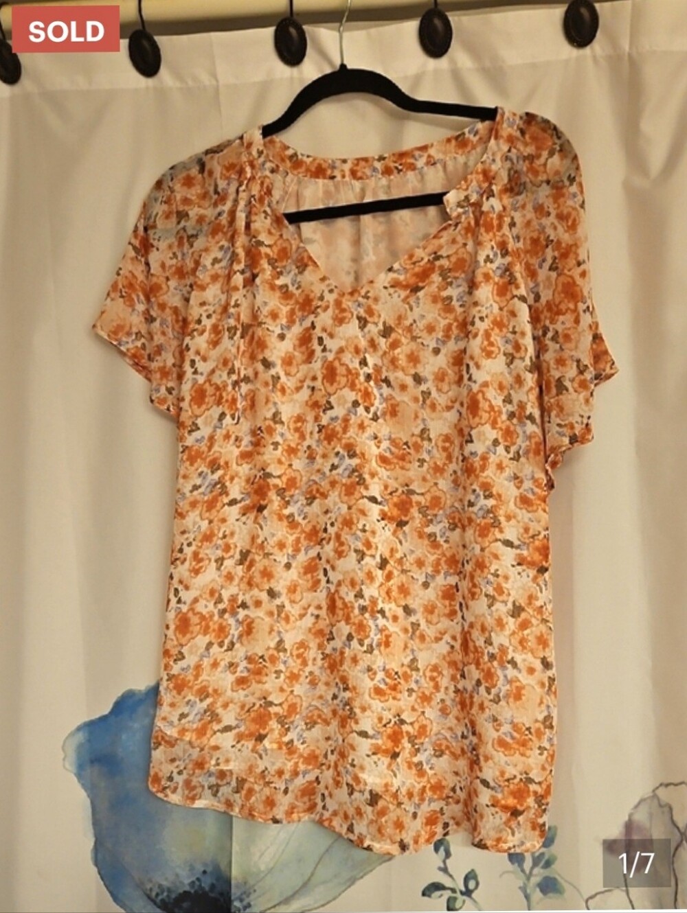 Orange Floral V-Neck Flutter Sleeve Lightweight Blouse